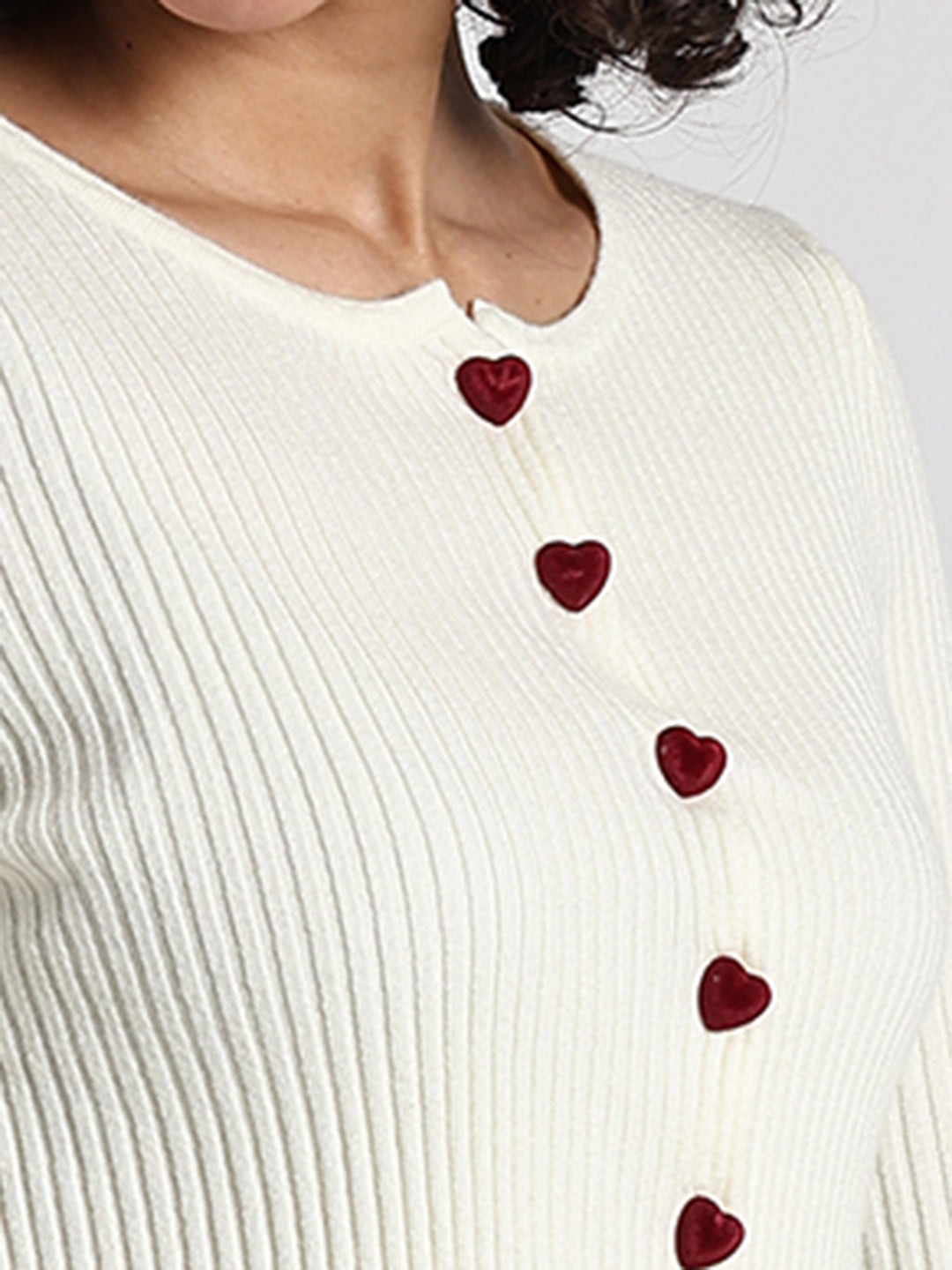 Women's Cream Ribbed Asymmetric Hem Top with Heart Buttons