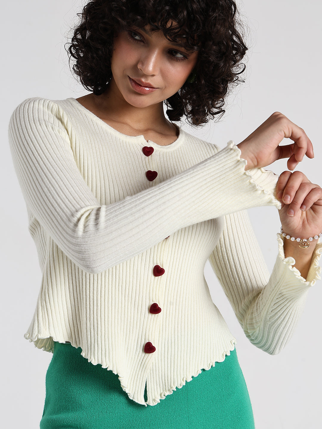 Women's Cream Ribbed Asymmetric Hem Top with Heart Buttons