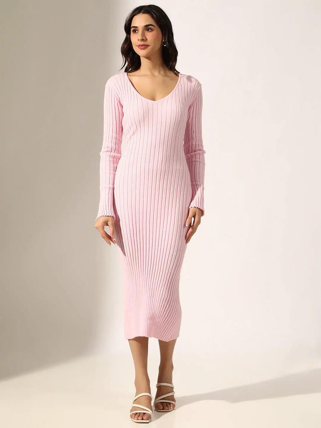pink long sleeve bodycon midi dress Sparkling Long-sleeve Pink Bodycon Midi Dress