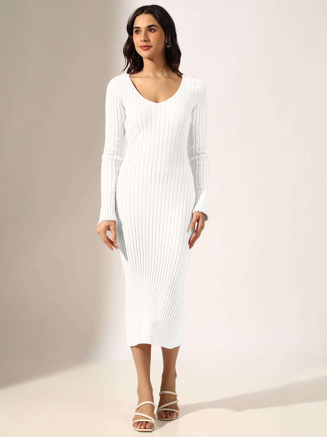 Women's Ribbed White Long Sleeve Bodycon Midi Dress