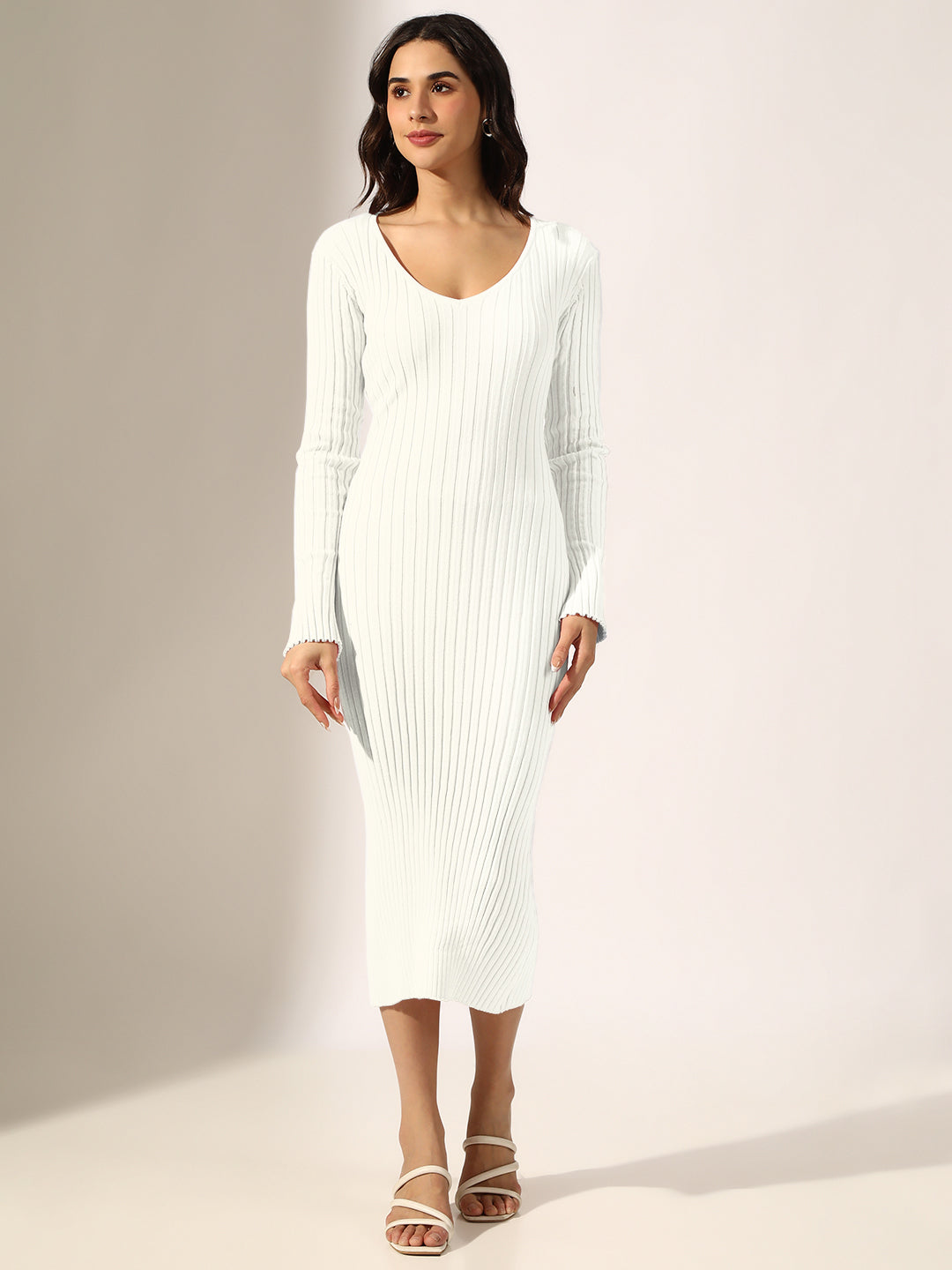 Women's Ribbed White Long Sleeve Bodycon Midi Dress