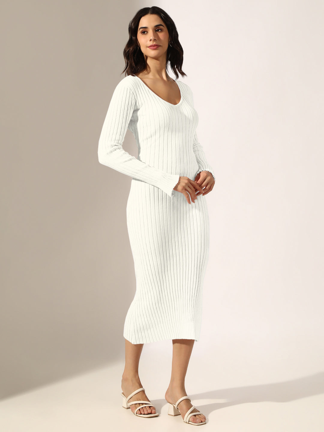 Women's Ribbed White Long Sleeve Bodycon Midi Dress