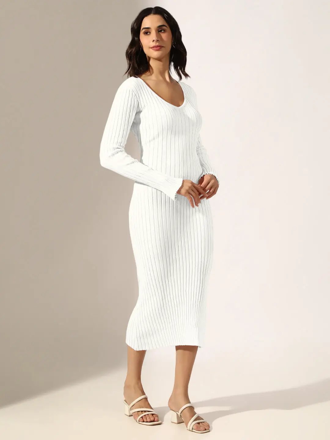 Shop Women's Ribbed White Long Sleeve Bodycon Midi Dress | Showoffff Shop Women's Ribbed White Long Sleeve Bodycon Midi Dress | Showoffff