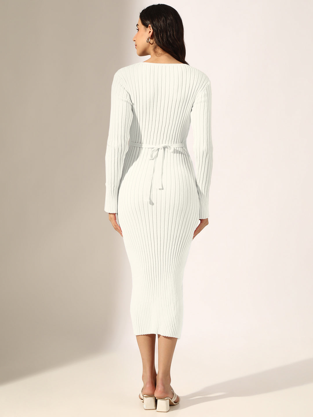 Women's Ribbed White Long Sleeve Bodycon Midi Dress