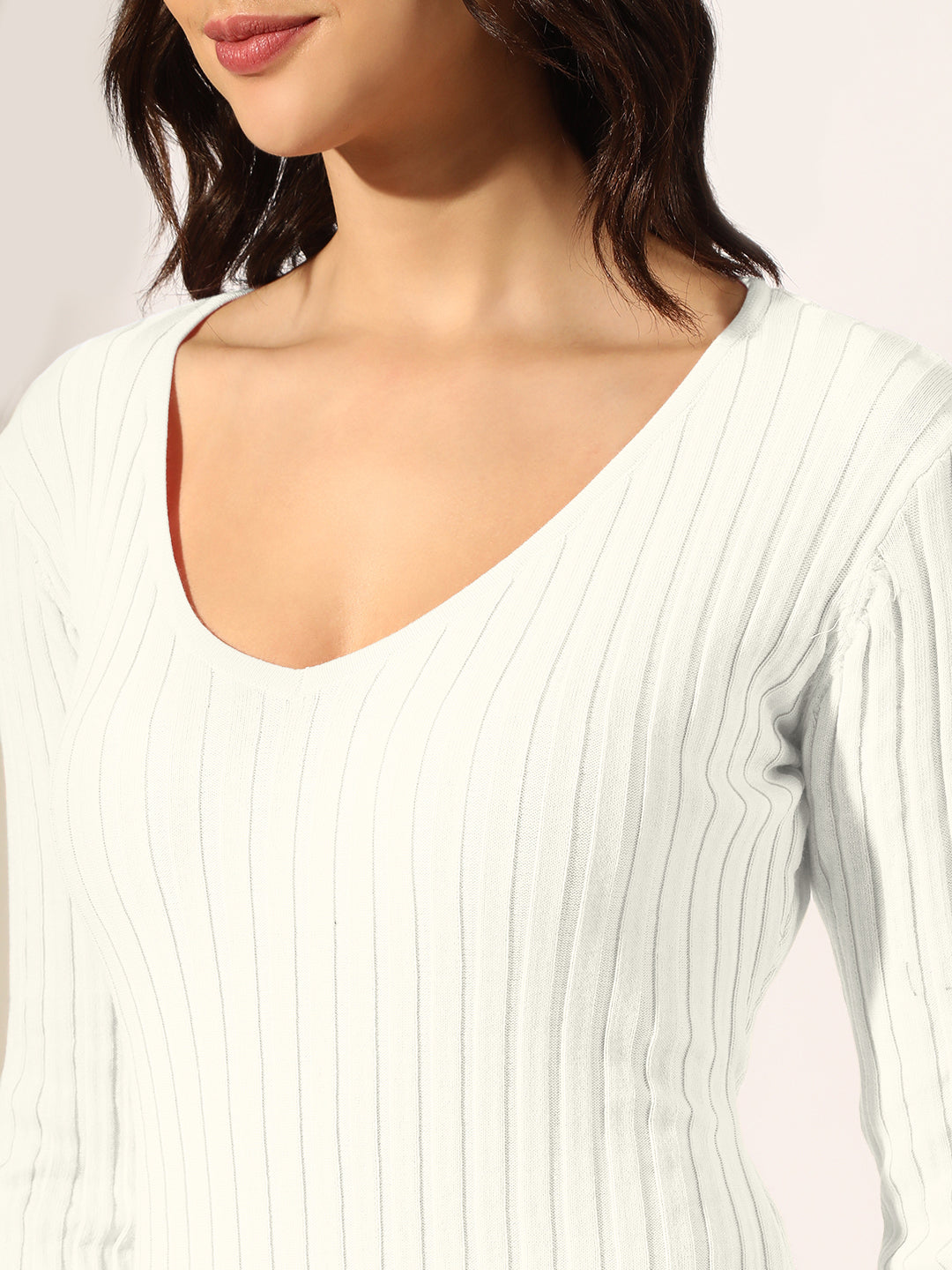 Women's Ribbed White Long Sleeve Bodycon Midi Dress