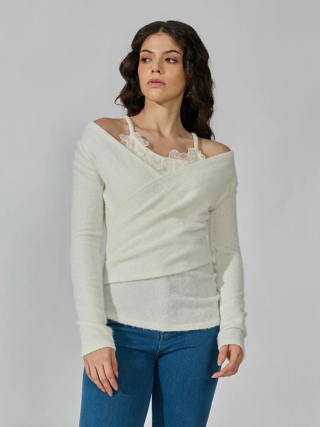 Women's Off White Wrap-Style Top with Textured V-Neckline - from SHOWOFFFF