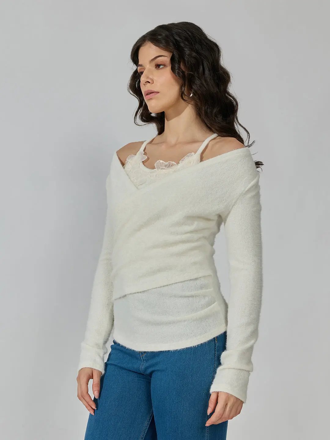 Women's Off White Wrap-Style Top with Textured V-Neckline - from SHOWOFFFF