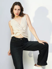 Women's Cream V-Neck Sleeveless Twisted Crop Top