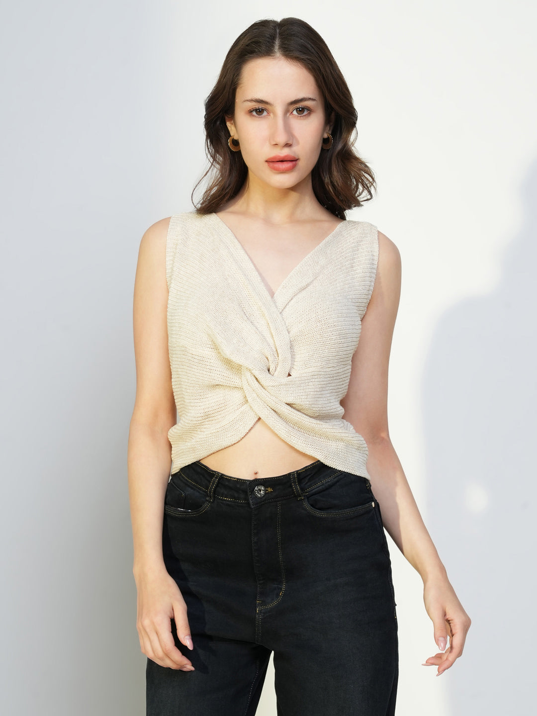 Women Cream Solid Crop Top