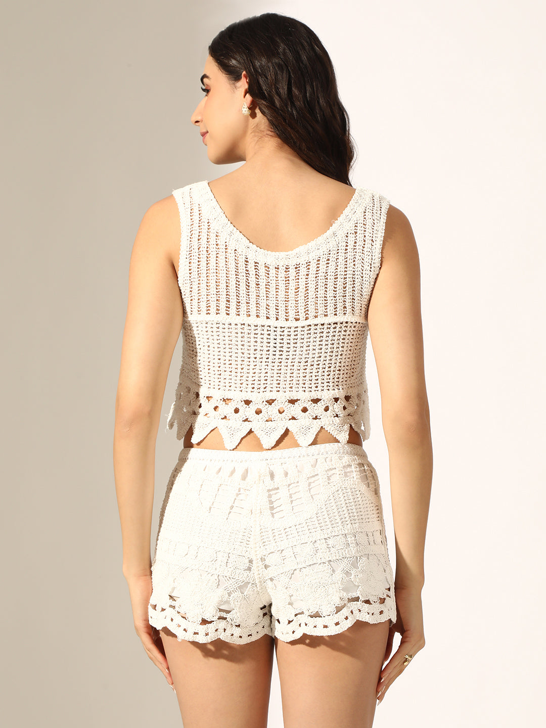 Women's White Crochet Crop Top & Shorts Co-Ord Set