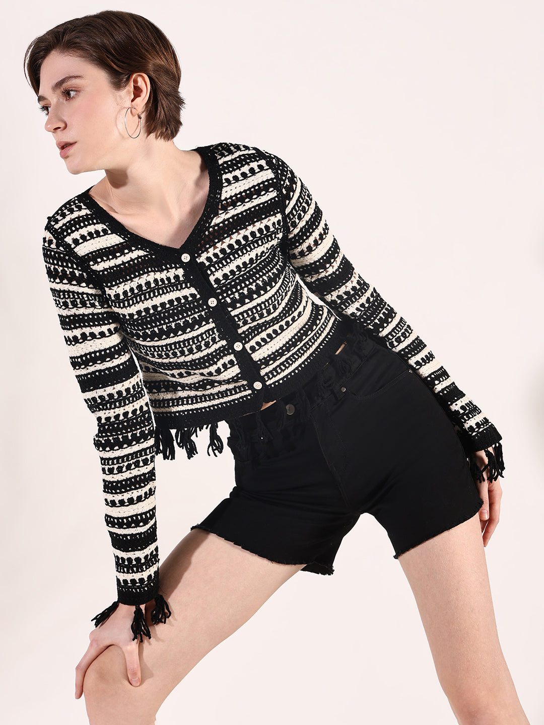 Women Black Geometric Crochet Top