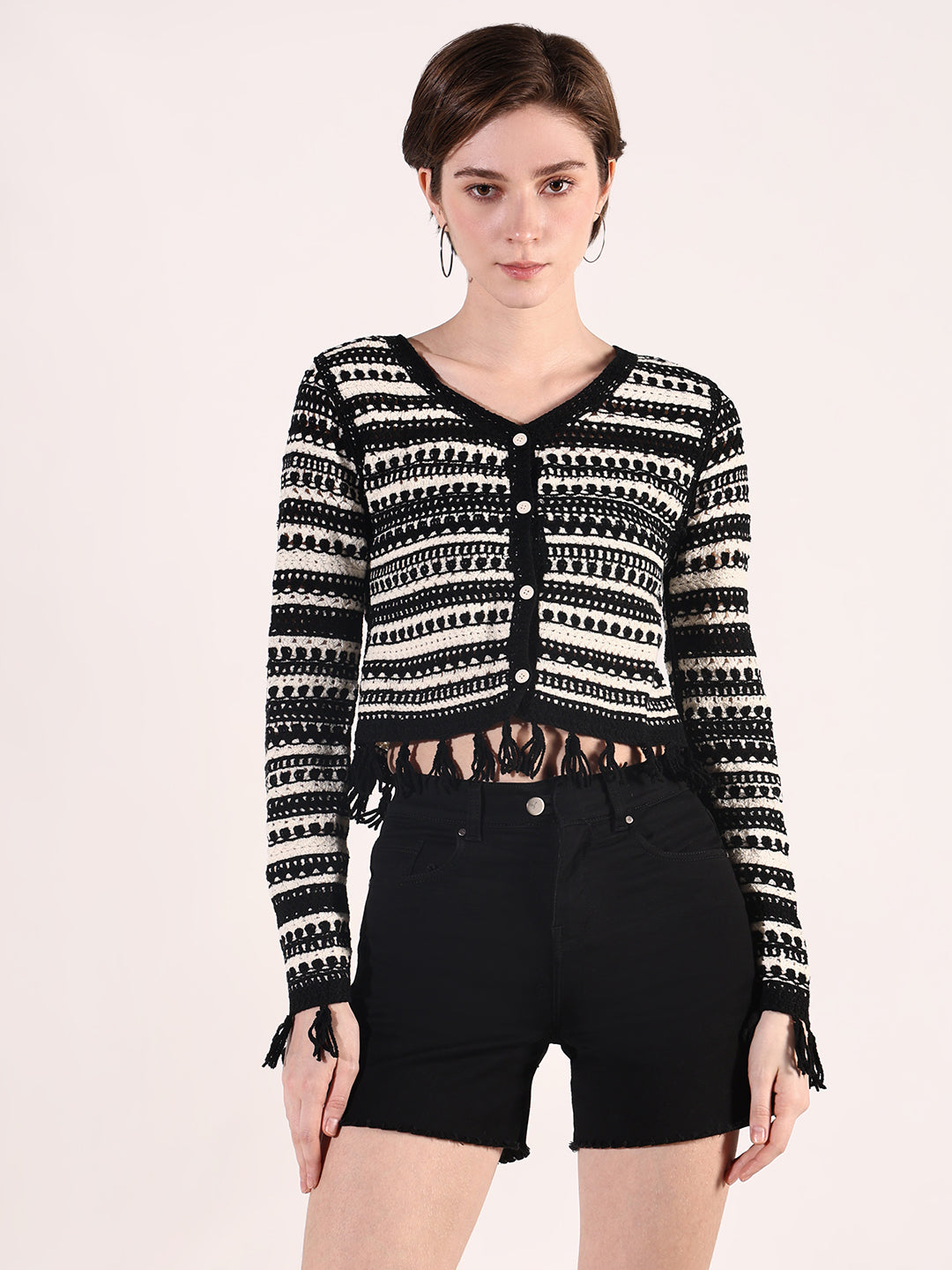 Women Black Geometric Crochet Top