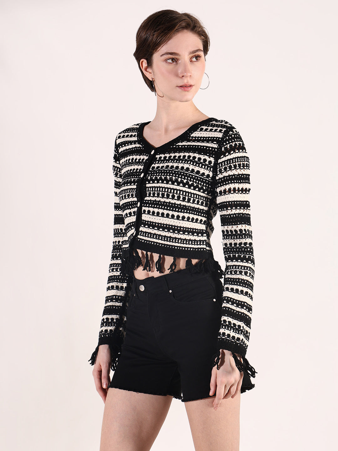 Women Black Geometric Crochet Top