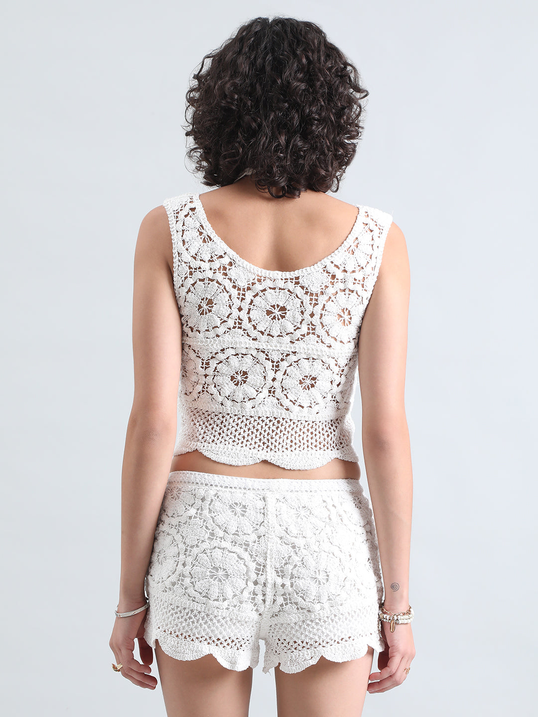 Women's White Crochet Top and Shorts Co-Ord Set with Embellishments
