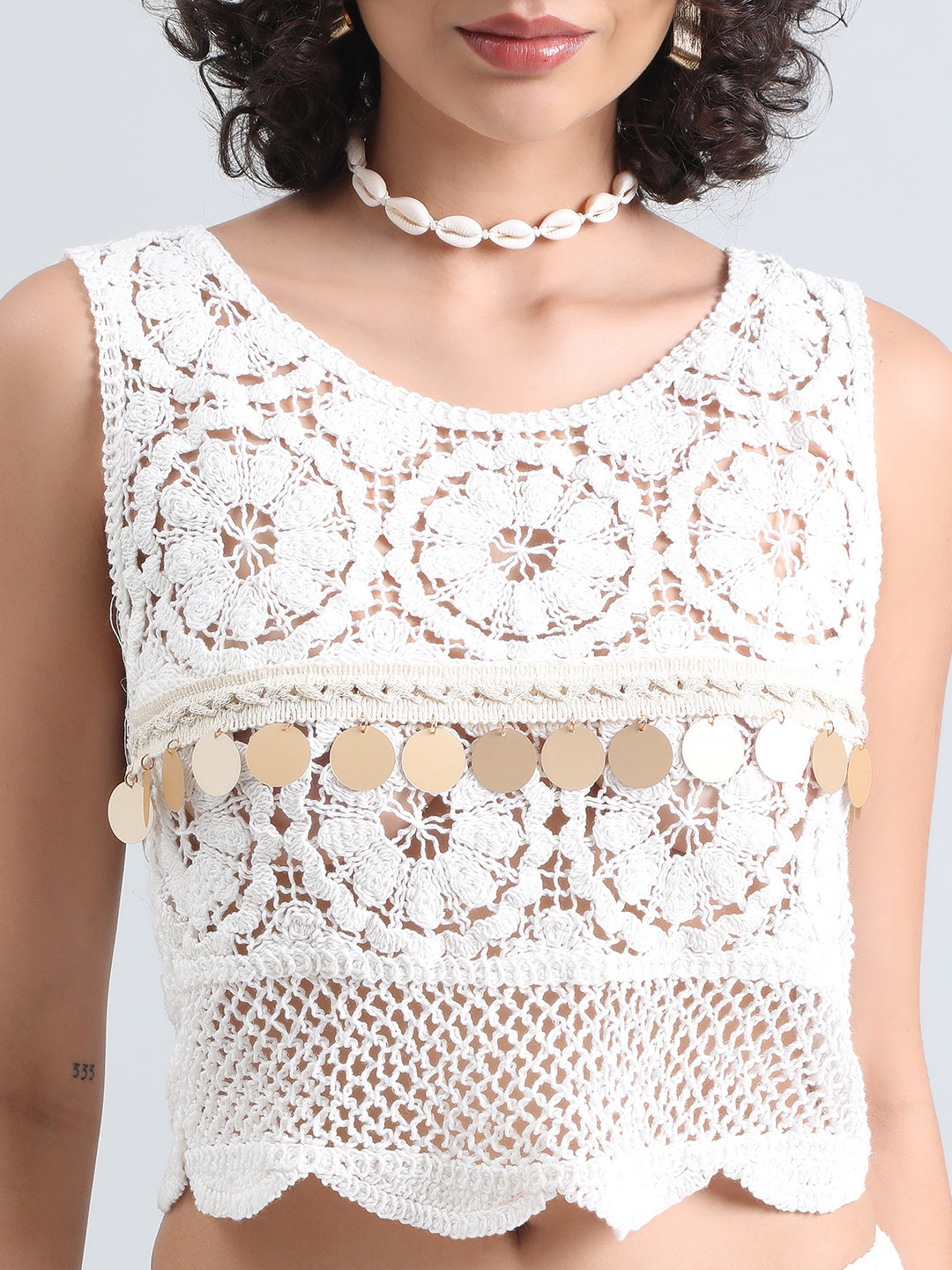 Women's White Crochet Top and Shorts Co-Ord Set with Embellishments