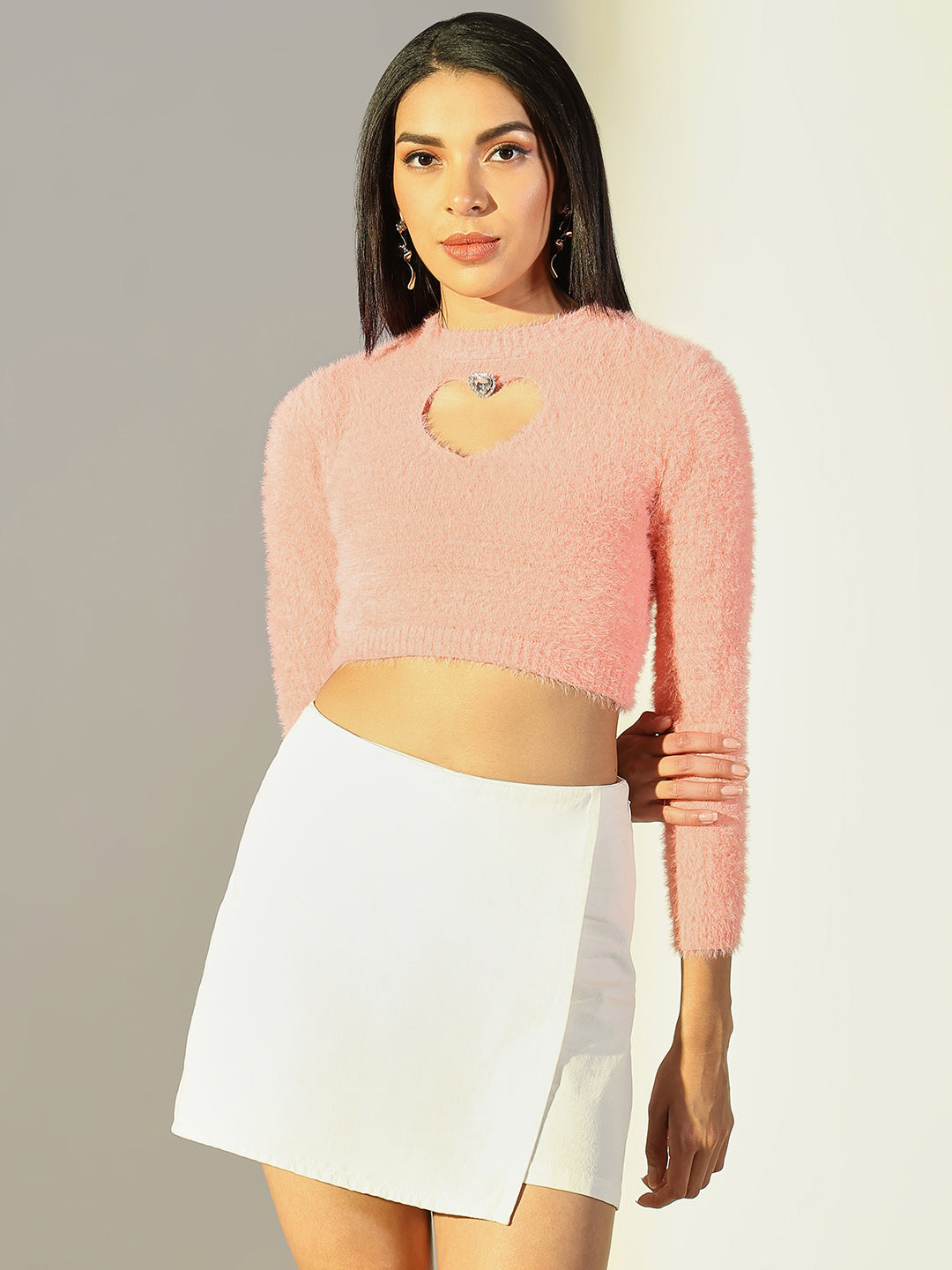 Women Peach Solid Fitted Crop Top