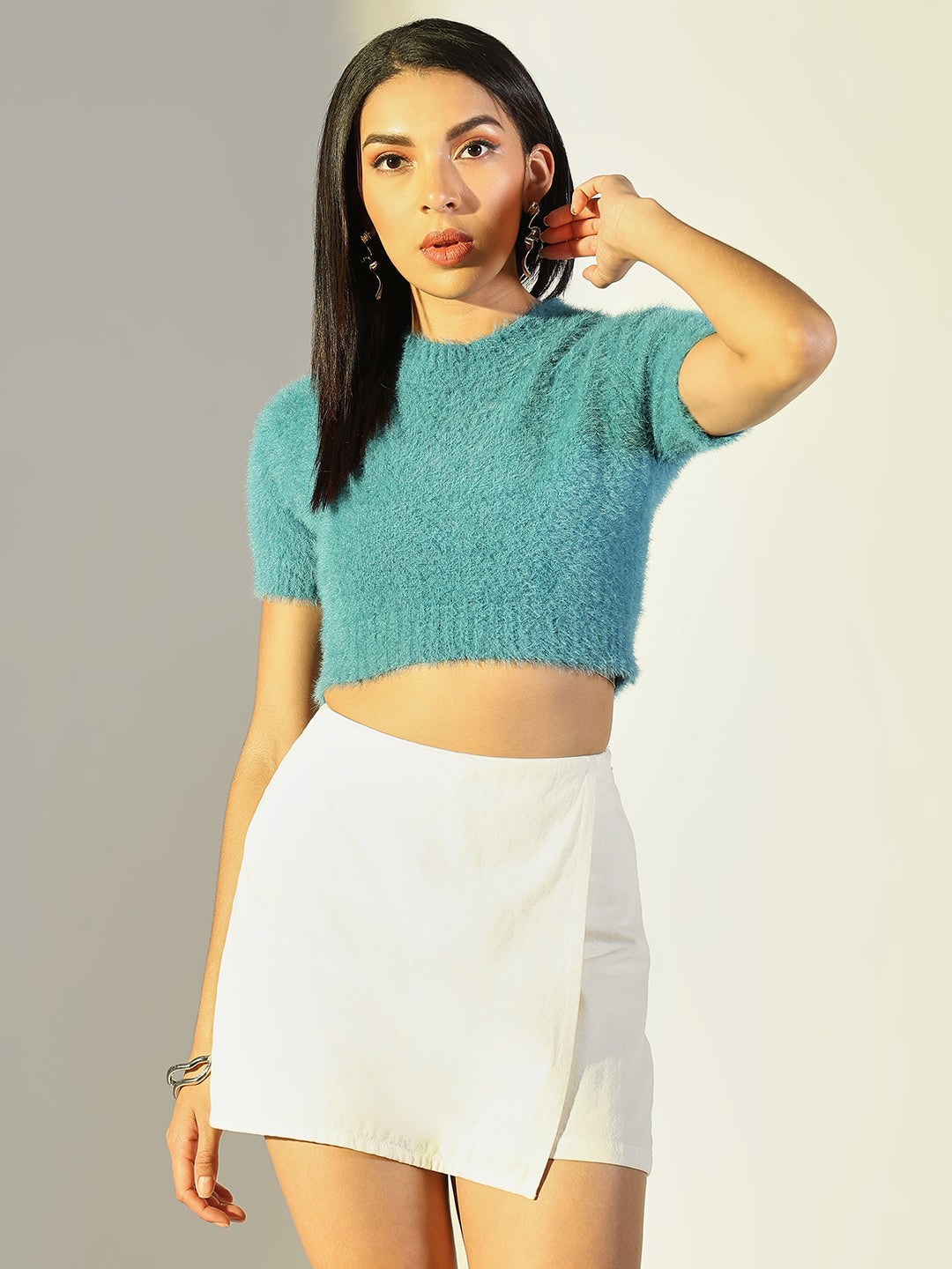 Women Blue Solid Crop Top