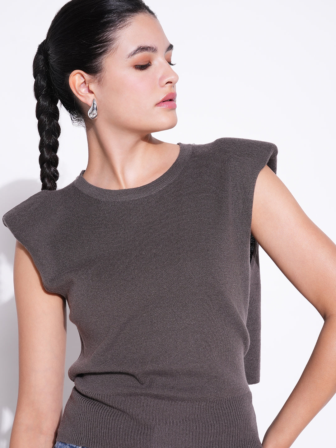 Women's Grey Round Neck Sleeveless Top