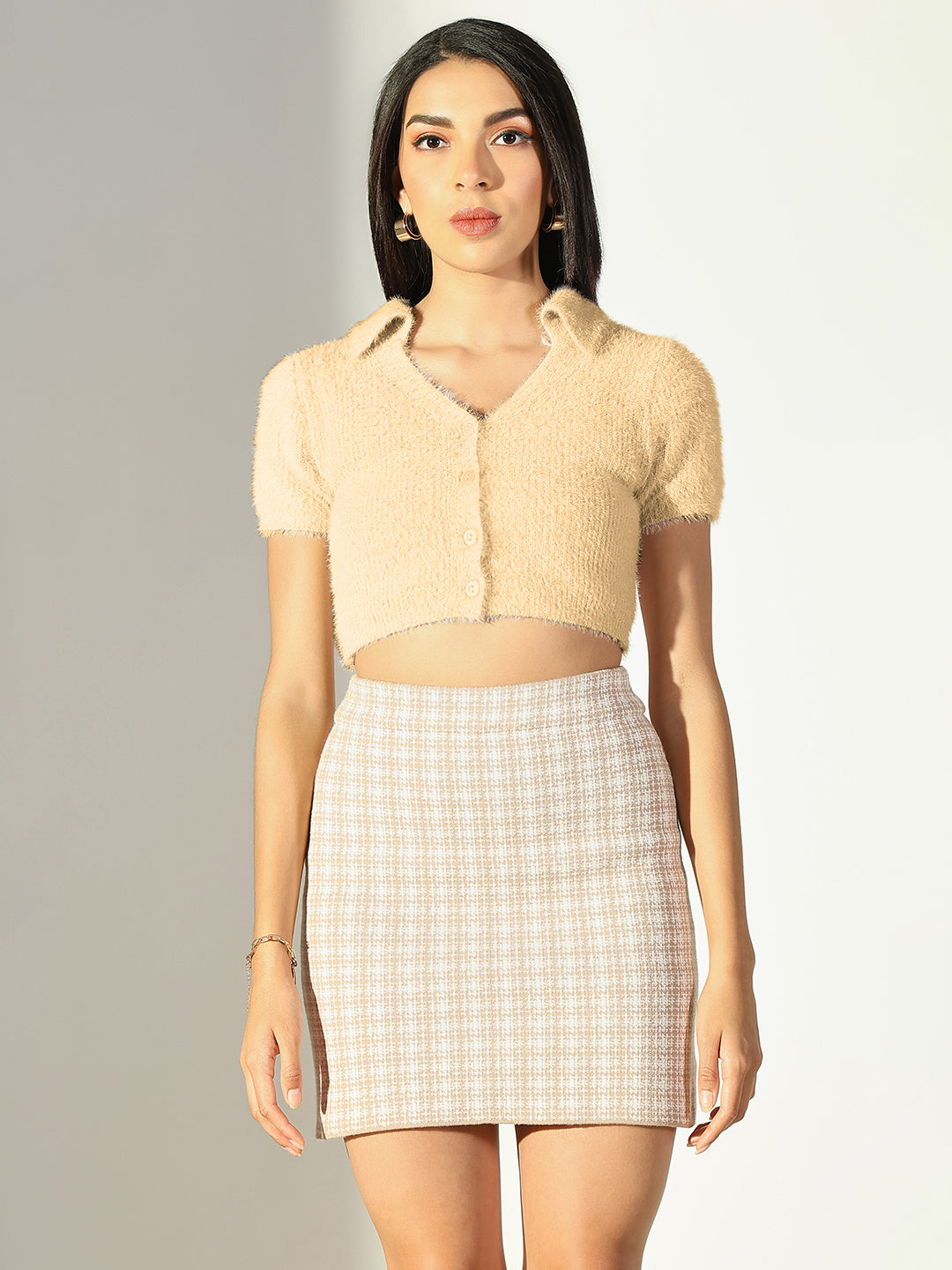 Women Cream Solid Crop Top