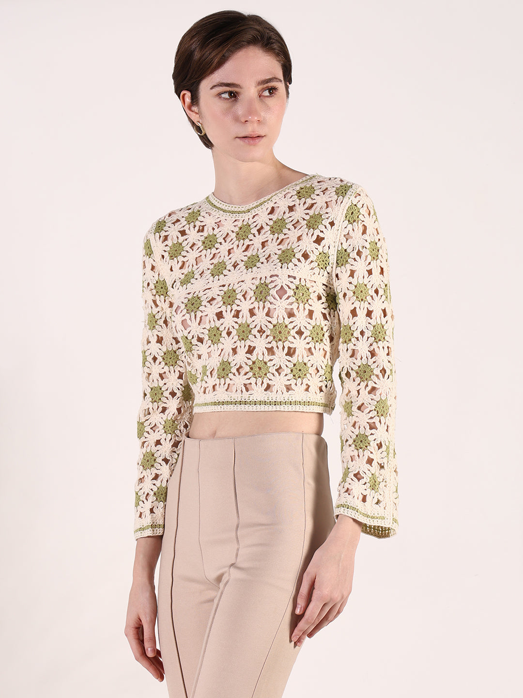 Women Green Floral Crochet Crop Top