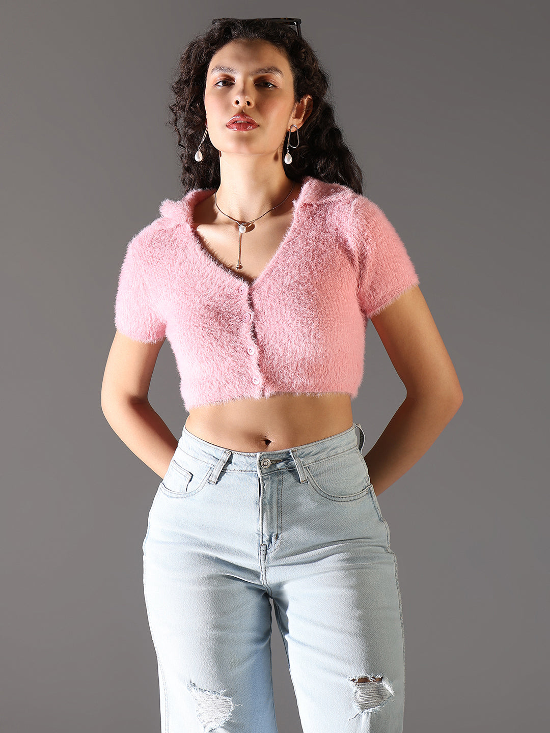 Women Pink Solid Crop Top