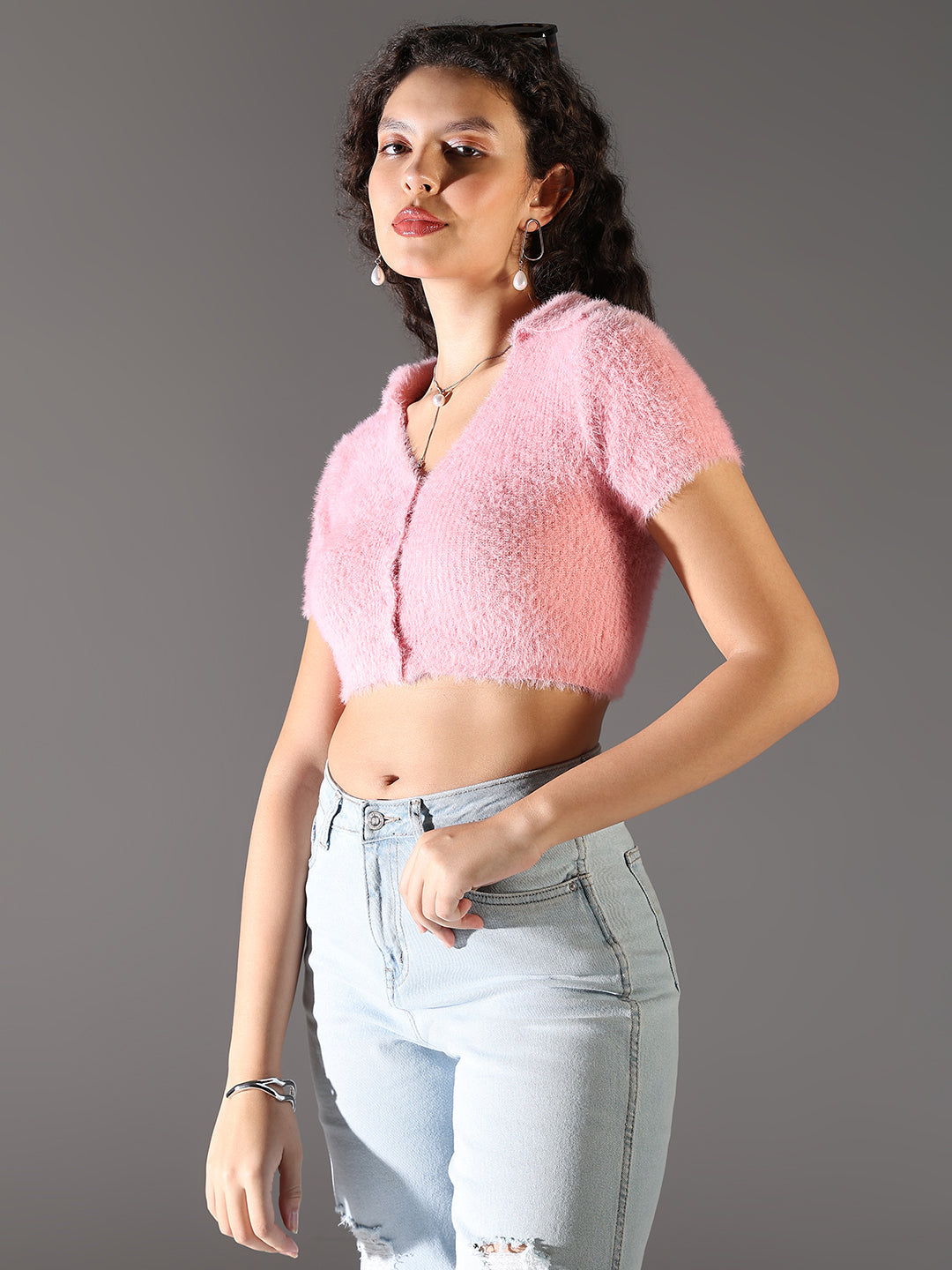 Women Pink Solid Crop Top