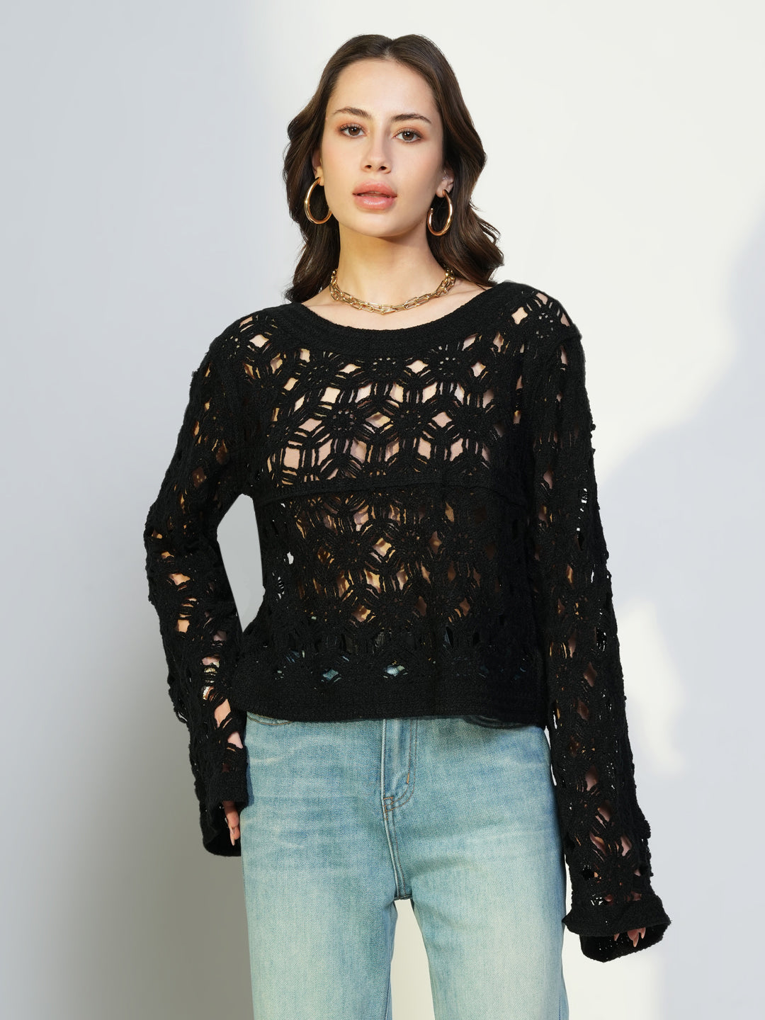 Women Black Solid Crochet Top