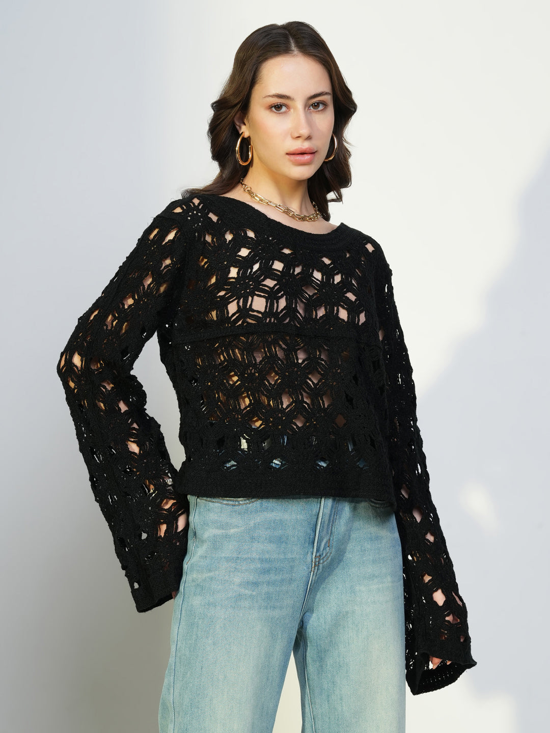 Women Black Solid Crochet Top