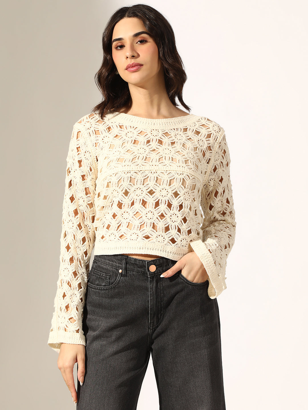 Women's Cream Crochet Long Sleeve Top