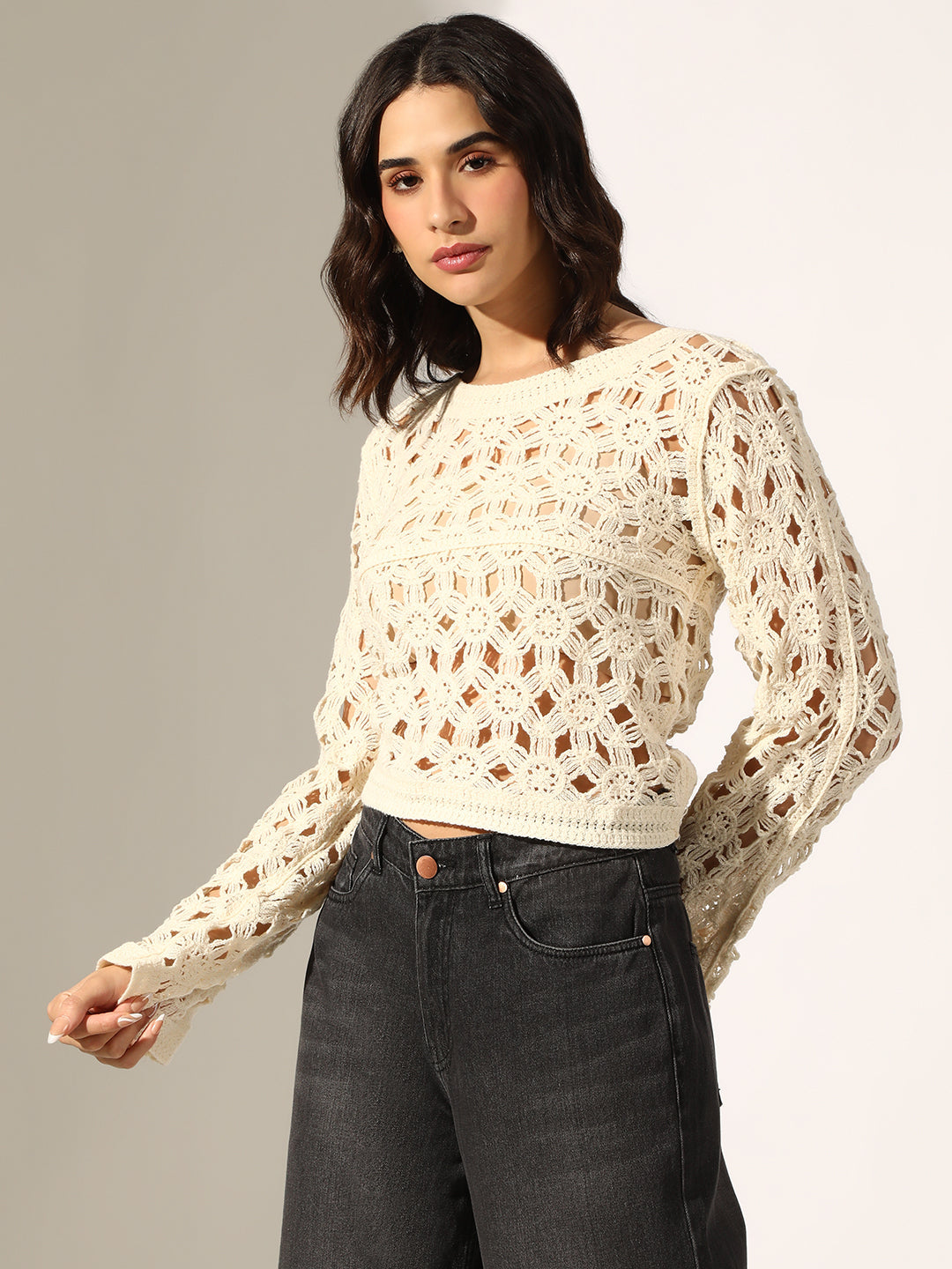 Women's Cream Crochet Long Sleeve Top
