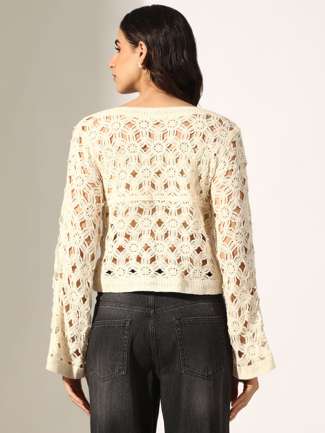Women's Cream Crochet Long Sleeve Top