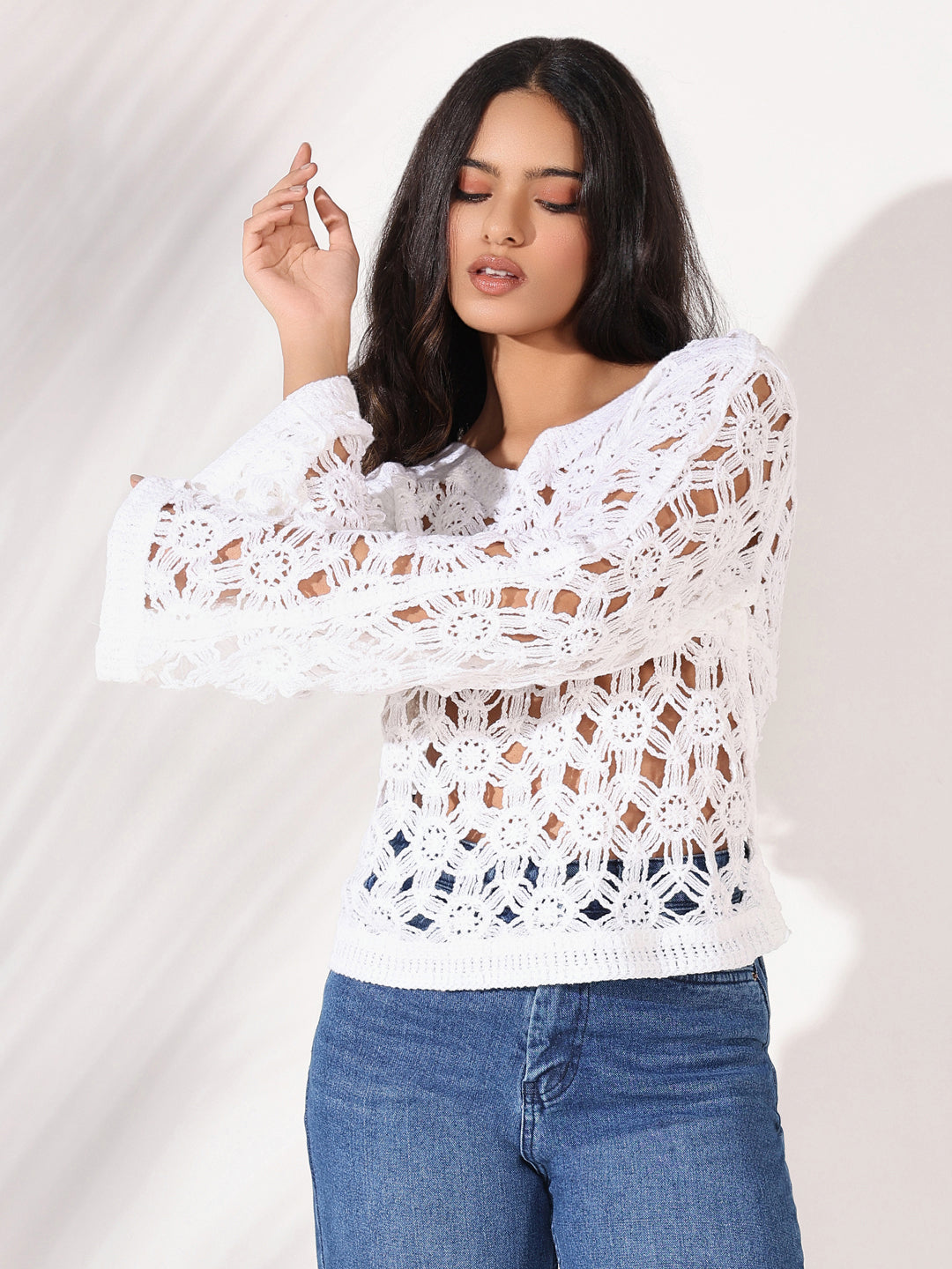 Women White Solid Crochet Top