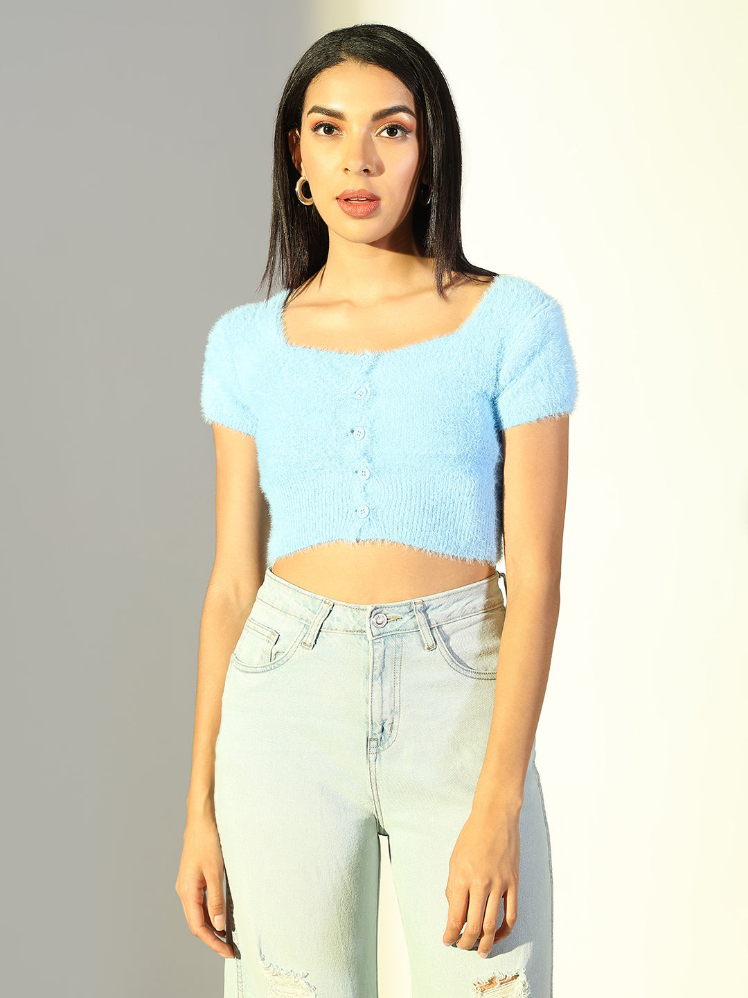 Women Blue Solid Crop Top