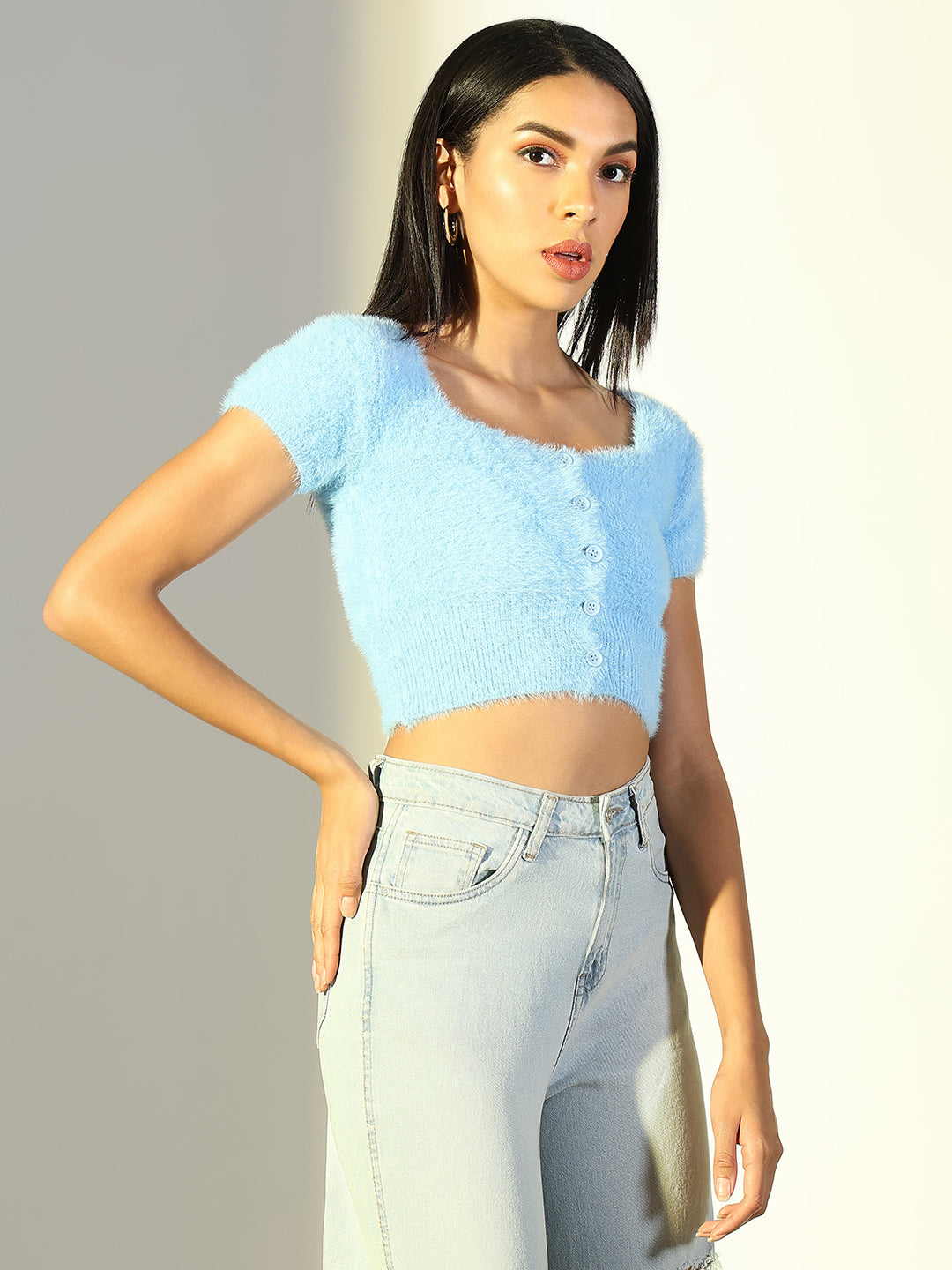 Women Blue Solid Crop Top