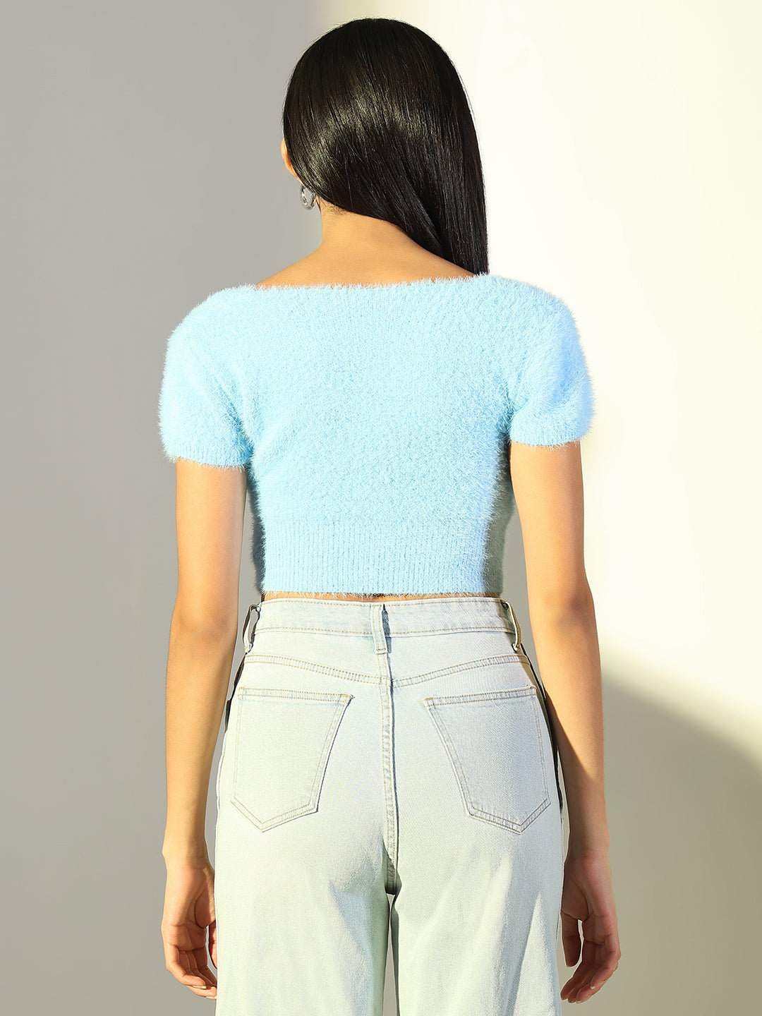 Women Blue Solid Crop Top