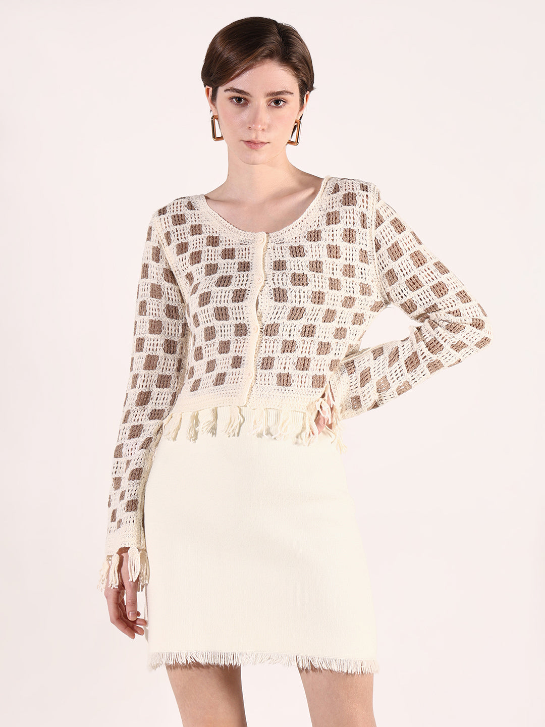 Women Beige Geometric Crochet Top