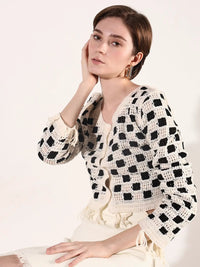 Women's Black Geometric Crochet Top