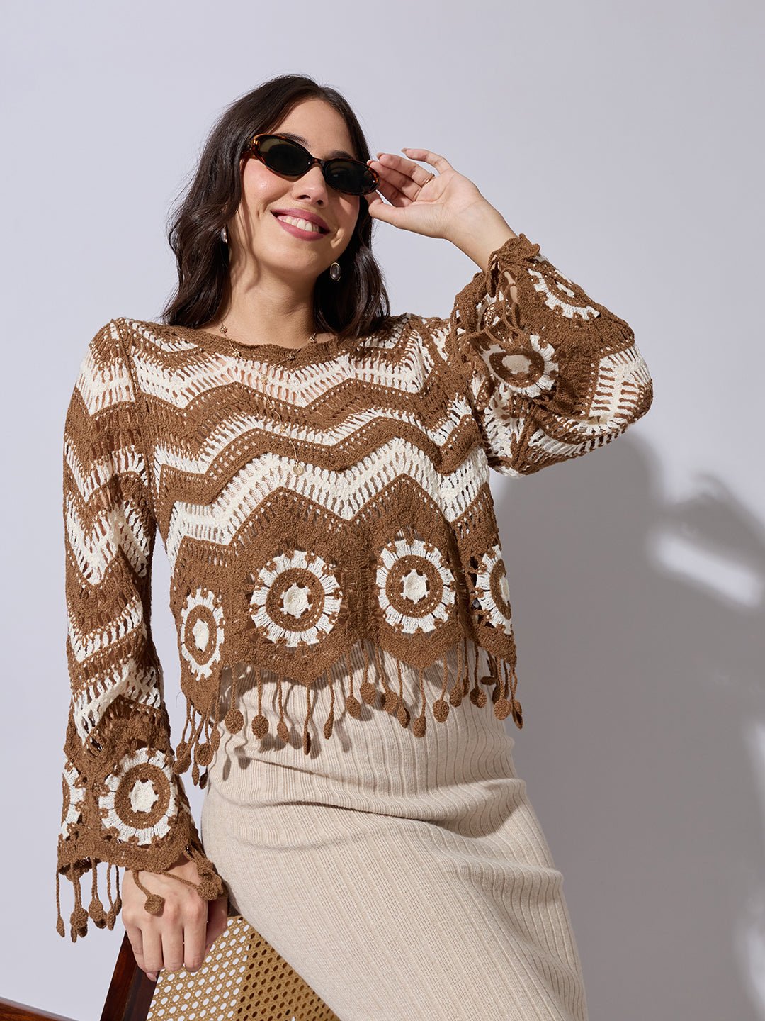 Women's Brown Chevron Crochet Top with Fringe Hem