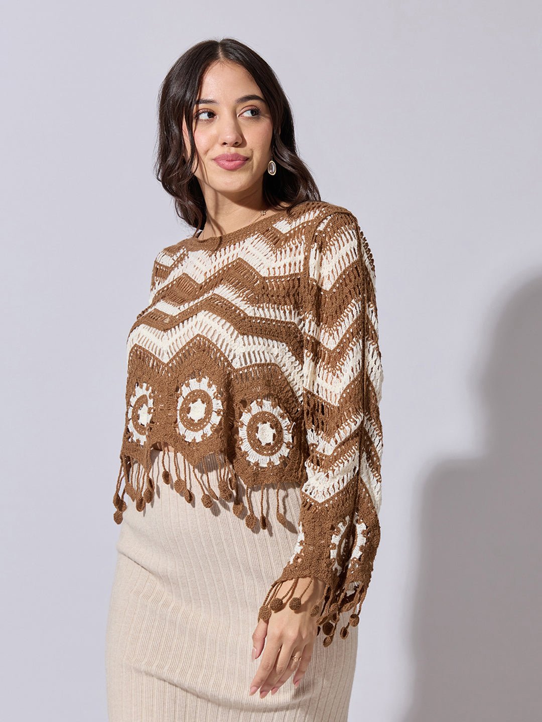 Women's Brown Chevron Crochet Top with Fringe Hem