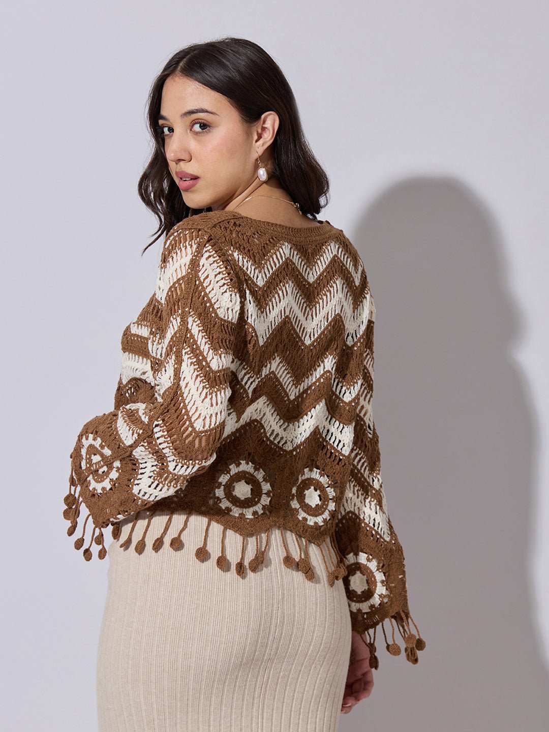 Women's Brown Chevron Crochet Top with Fringe Hem