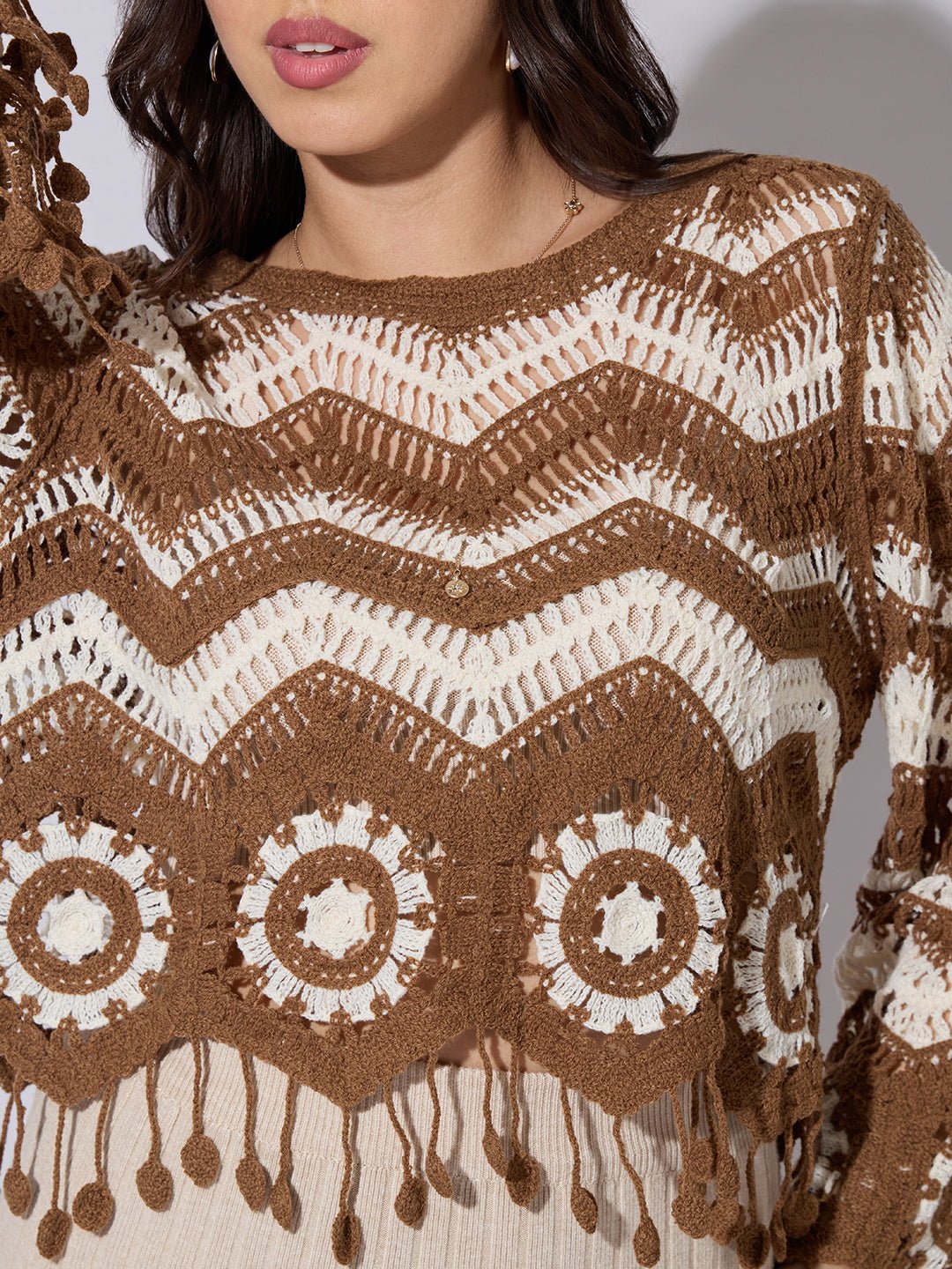 Women's Brown Chevron Crochet Top with Fringe Hem