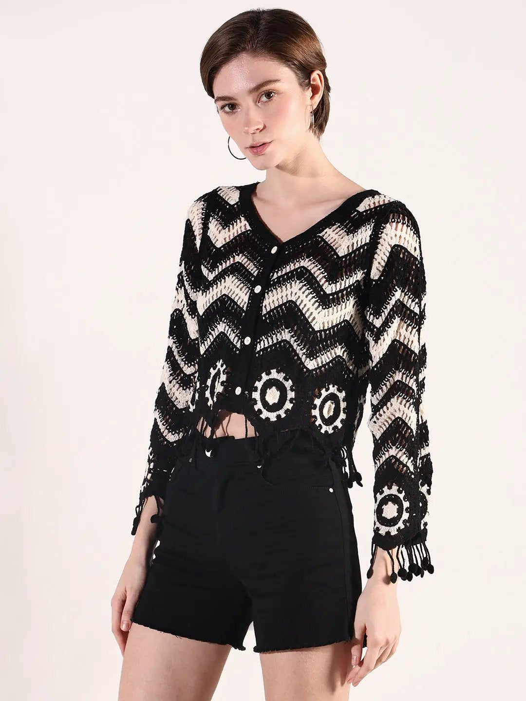 Women's Black & Cream Chevron Crochet Top with Fringe Hem - from SHOWOFFFF
