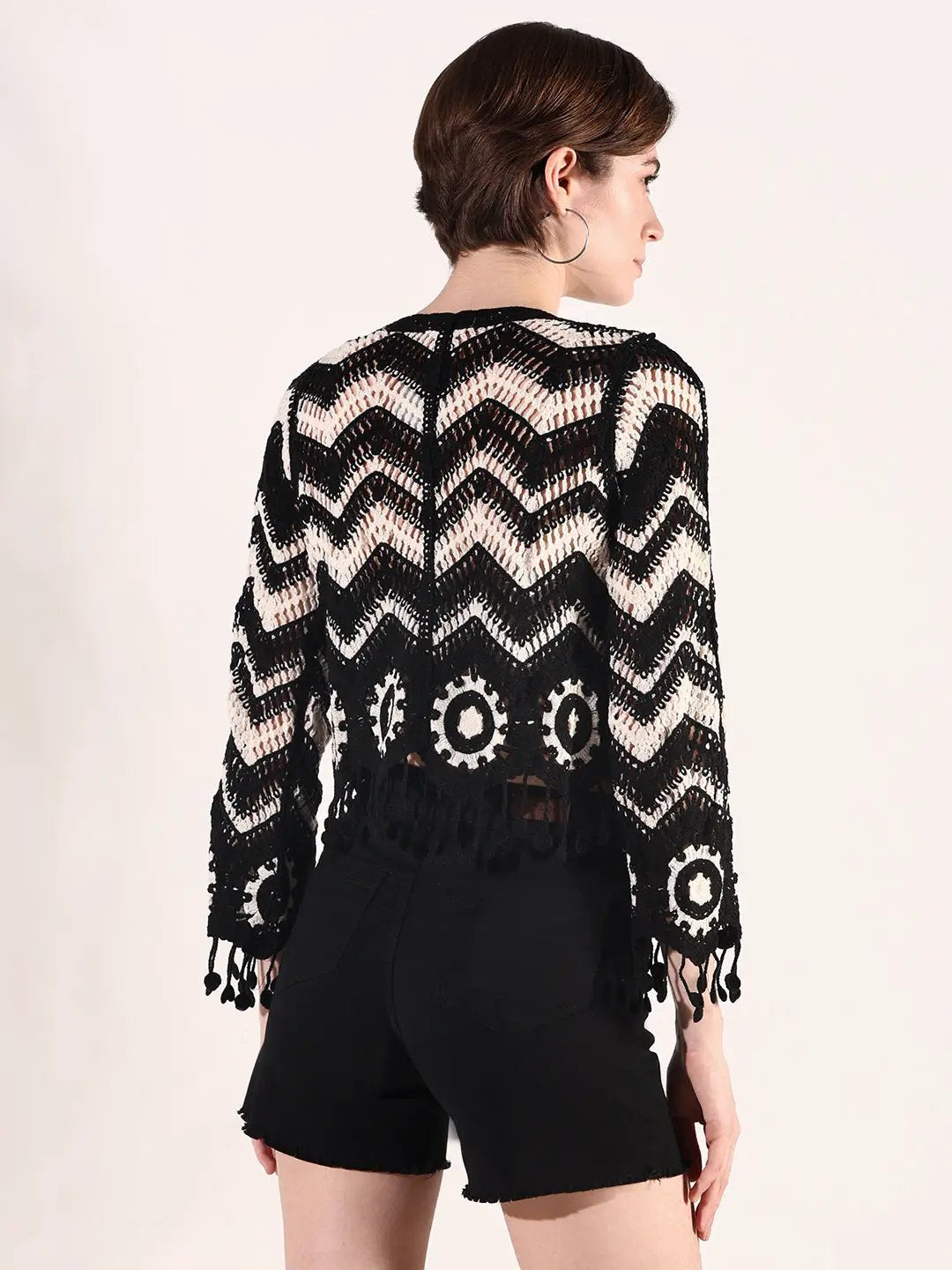 Women's Black & Cream Chevron Crochet Top with Fringe Hem - from SHOWOFFFF