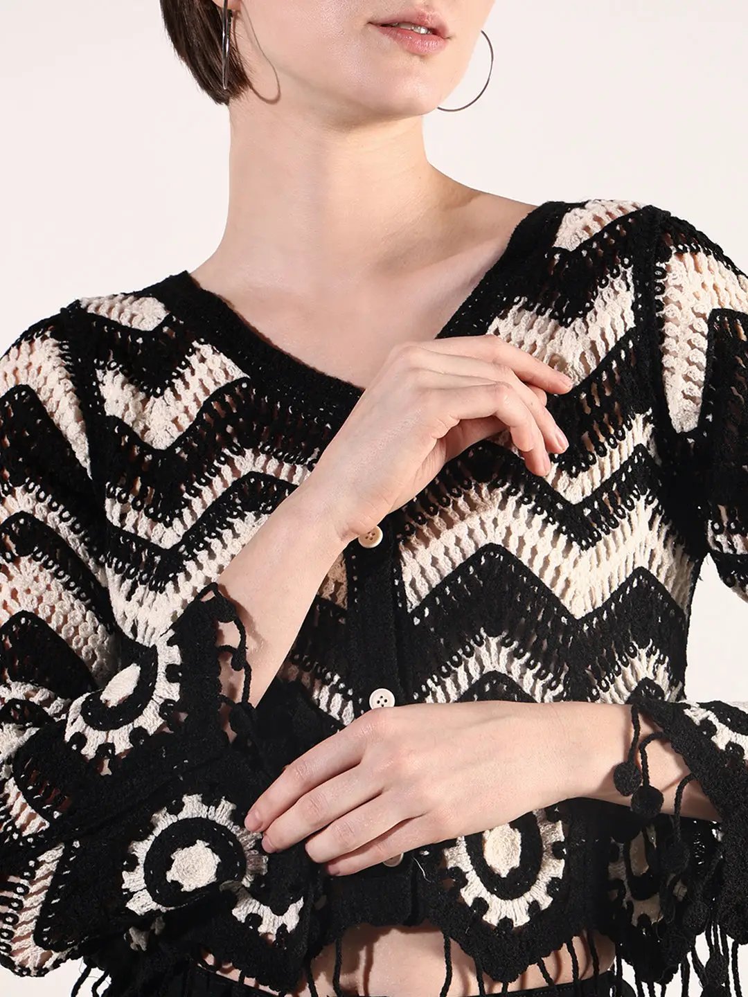 Women's Black & Cream Chevron Crochet Top with Fringe Hem - from SHOWOFFFF