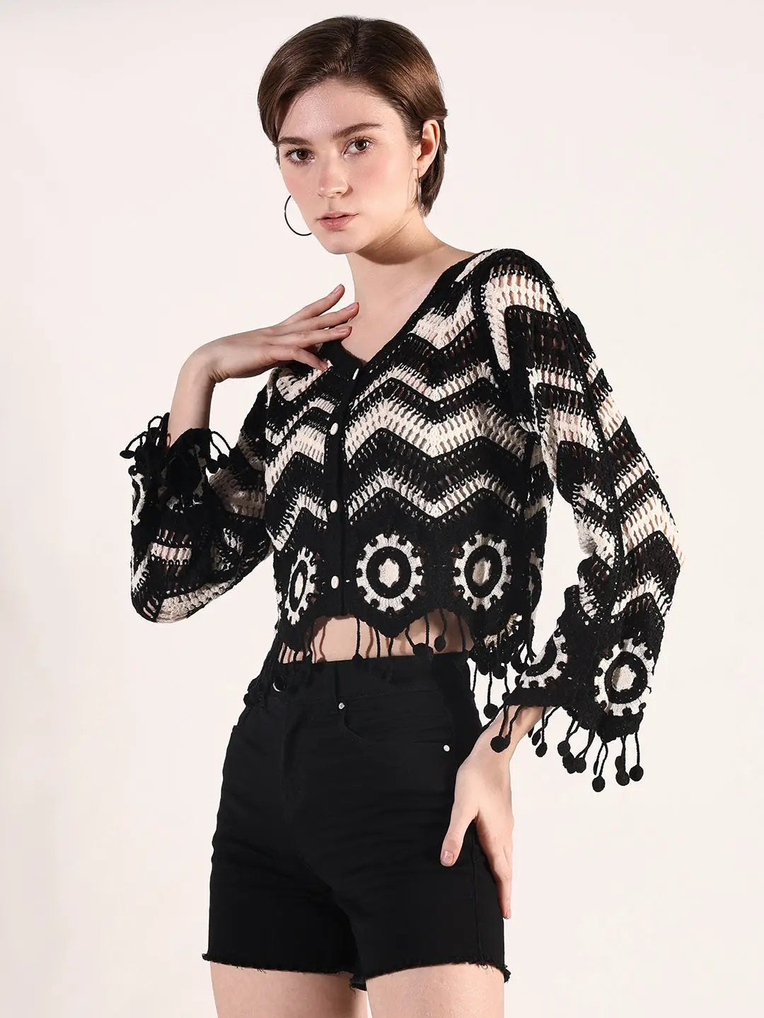 Women's Black & Cream Chevron Crochet Top with Fringe Hem - from SHOWOFFFF