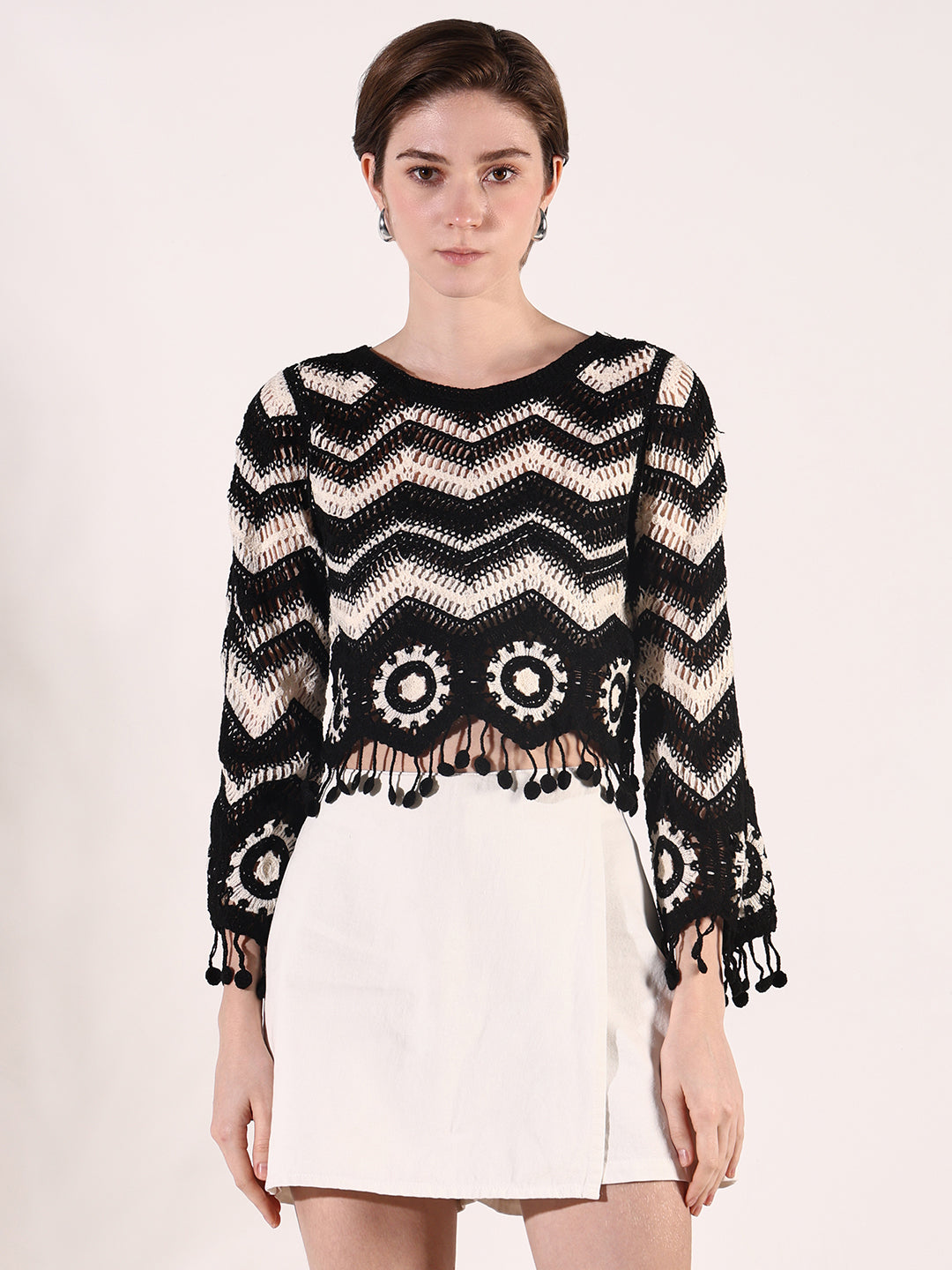 Women Black Geometric Crochet Top