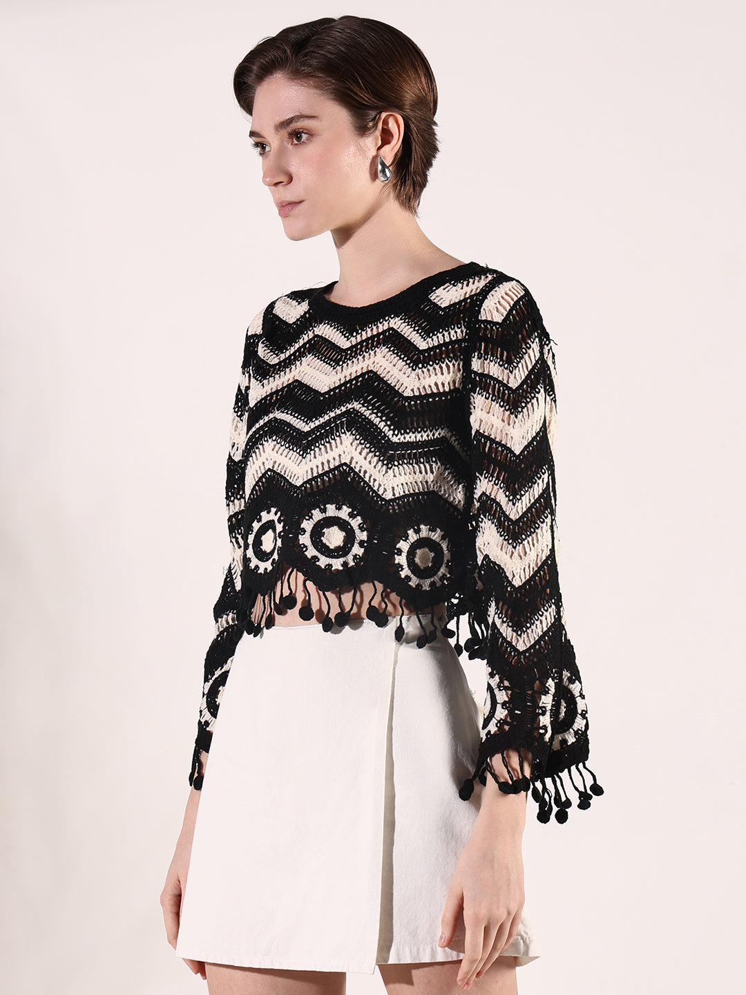 Women Black Geometric Crochet Top