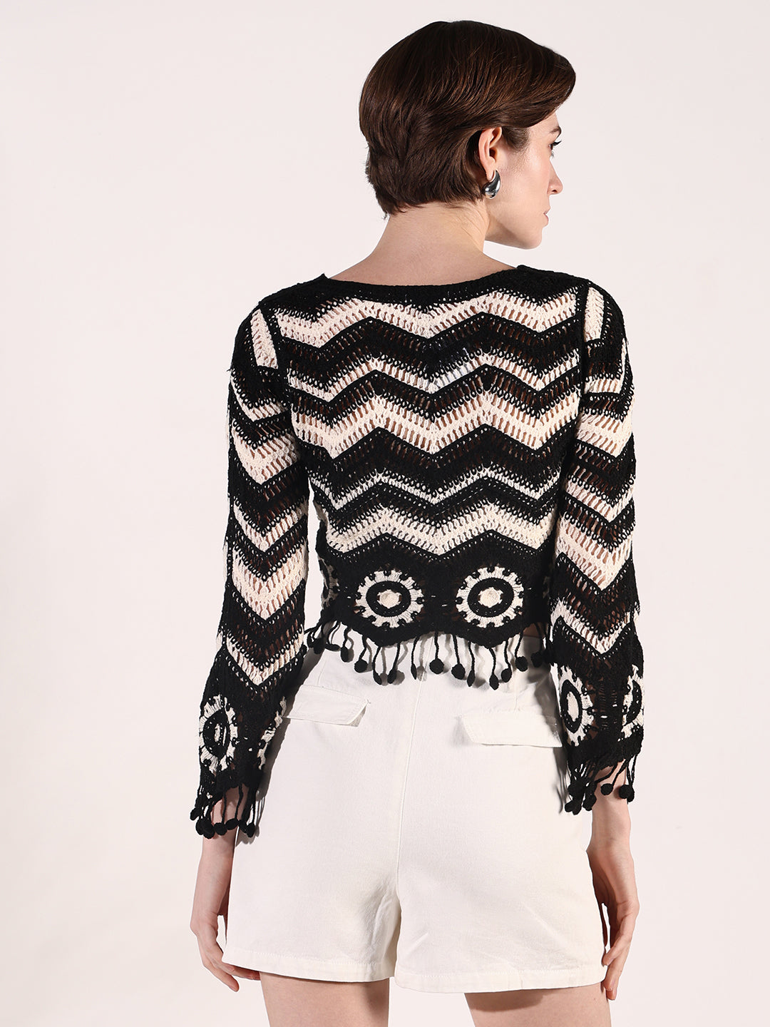 Women Black Geometric Crochet Top