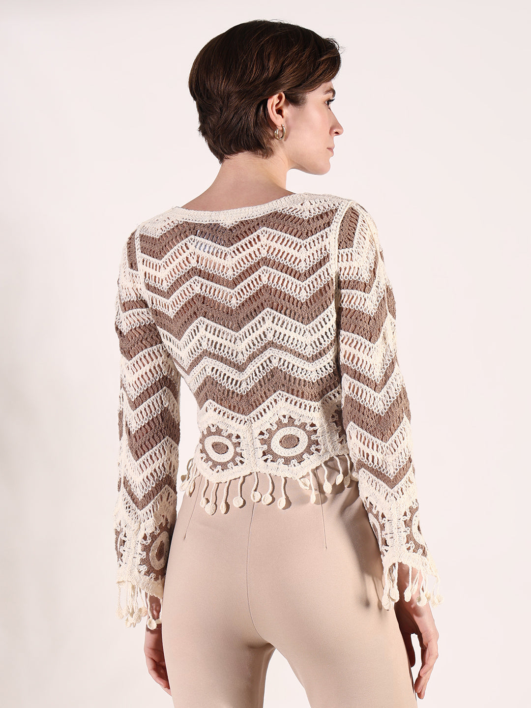 Women Brown Geometric Crochet Top