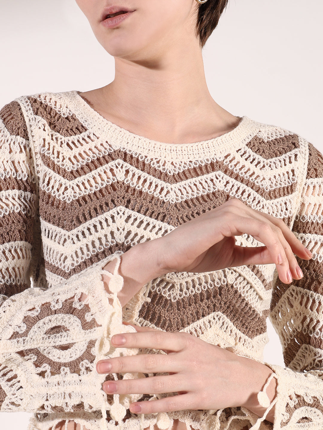 Women Brown Geometric Crochet Top